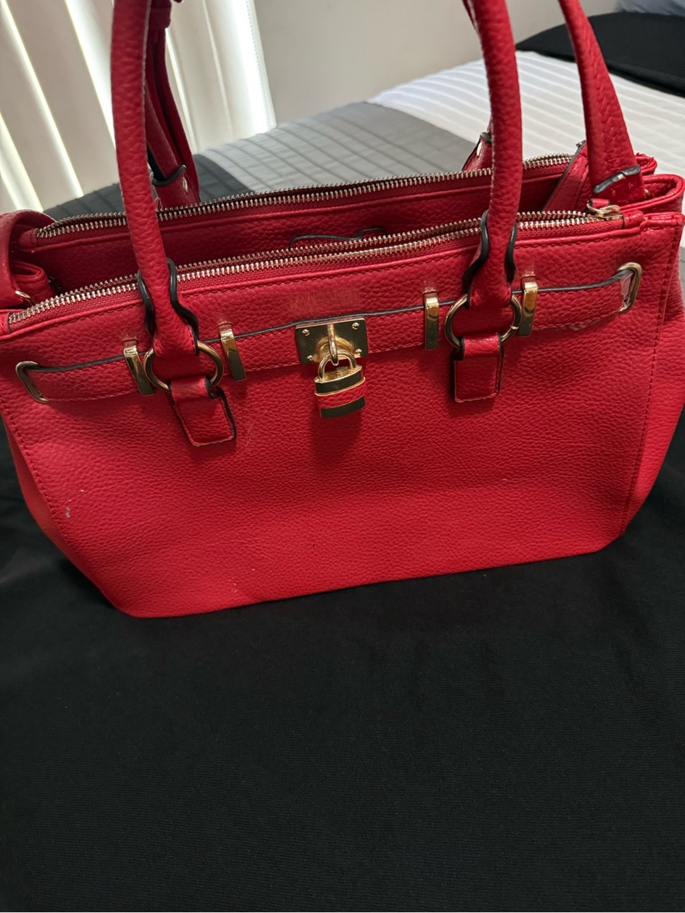 Red Structured Hobo Tote with Gold-Tone Lock - Picture 6 of 6